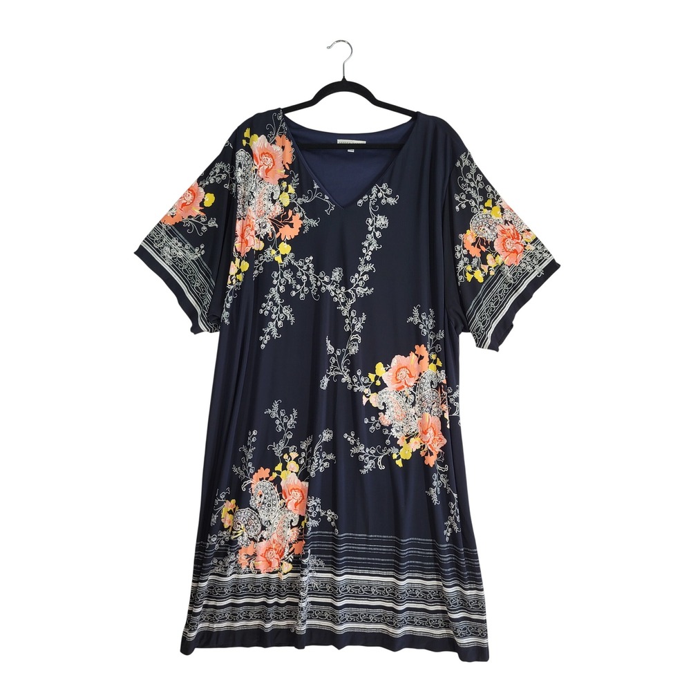 Sandra Darren Black Floral Paisley Shift Dress V-Neck Plus 3X Short Sleeve